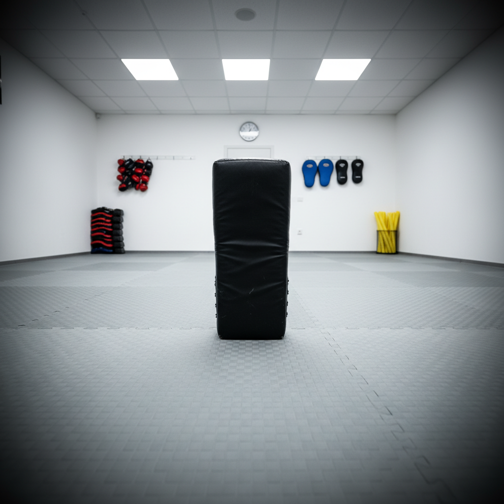 A spotless martial arts training hall with interlocking gray mats stretching across the floor, a single heavy black kicking shield standing upright in the center, edges slightly worn from use. Along the walls, neatly stacked focus mitts, kick pads, and foam sticks suggest structured, realistic self-defense drills. Overhead LED lights cast bright, even illumination, creating crisp shadows beneath the equipment and highlighting the clean, professional environment. Shot at eye level with a wide-angle lens, the composition emphasizes depth and space, conveying a serious yet welcoming atmosphere. Photographic realism, with sharp focus throughout and subtle vignetting at the corners, reinforces the sense of a dedicated, traditional school focused on practical street-ready skills.