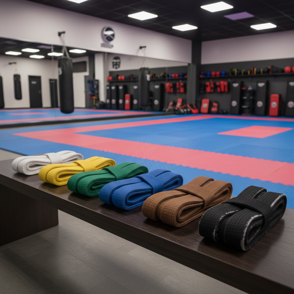 A row of color-coded martial arts belts—white, yellow, green, blue, brown, and black—neatly arranged on a dark wooden bench inside a modern dojo. Each belt is tightly folded, the woven cotton texture and slight fraying on advanced ranks clearly visible, symbolizing progression from beginner to expert street-defense skills. Behind the bench, the matted training area stretches out, with heavy bags and kick shields lined up against a mirrored wall. Soft, diffused overhead lighting produces gentle reflections on the mirror and subtle shadows under the bench. Photographed at a slightly elevated angle using the rule of thirds, the composition balances clarity and depth, evoking a professional, disciplined, and aspirational atmosphere in photographic realism.