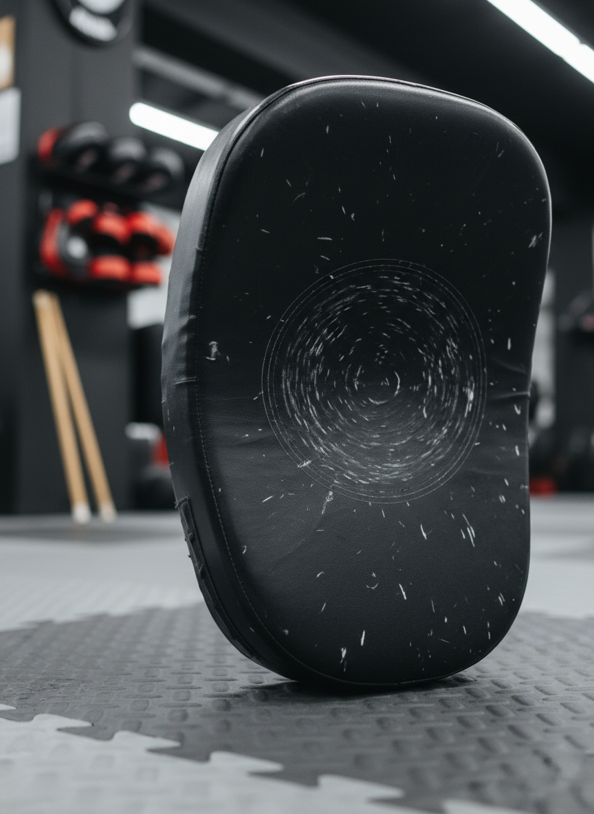 A close-up, photographic view of a black leather kicking shield absorbing the impact of an invisible strike, its surface slightly compressed and subtle wrinkles forming where force meets padding. Chalk-like scuff marks and faint imprints show repeated use and proper technique over time. The shield rests on textured gray mats, with blurred training gear—focus mitts and practice sticks—visible in the background. Overhead gym lighting creates bright highlights along the curved edges and soft, directional shadows that emphasize depth and realism. Captured from a low, three-quarter angle with shallow depth of field, the image feels dynamic, professional, and authentic, communicating real-world self-defense training without showing any people.