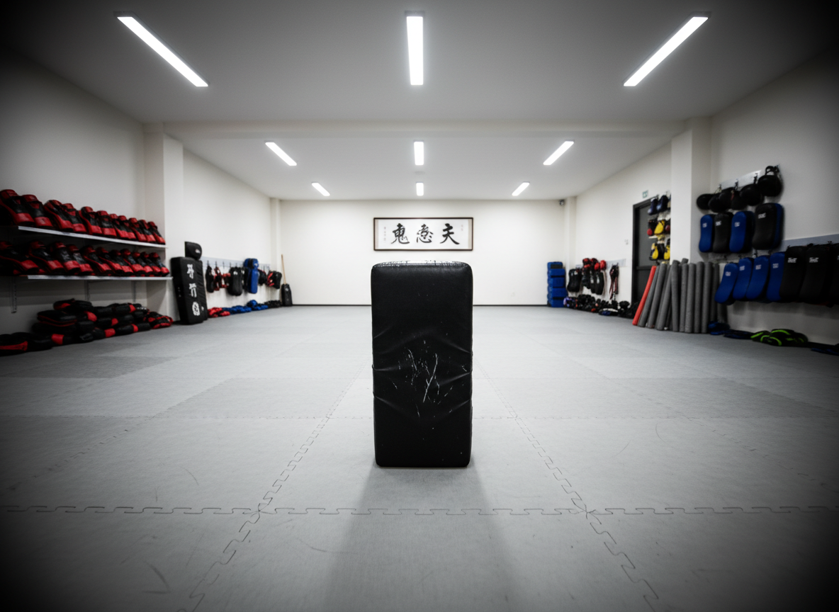 A spotless martial arts training hall with interlocking gray mats stretching across the floor, a single heavy black kicking shield standing upright in the center, edges slightly worn from use. Along the walls, neatly stacked focus mitts, kick pads, and foam sticks suggest structured, realistic self-defense drills. Overhead LED lights cast bright, even illumination, creating crisp shadows beneath the equipment and highlighting the clean, professional environment. Shot at eye level with a wide-angle lens, the composition emphasizes depth and space, conveying a serious yet welcoming atmosphere. Photographic realism, with sharp focus throughout and subtle vignetting at the corners, reinforces the sense of a dedicated, traditional school focused on practical street-ready skills.