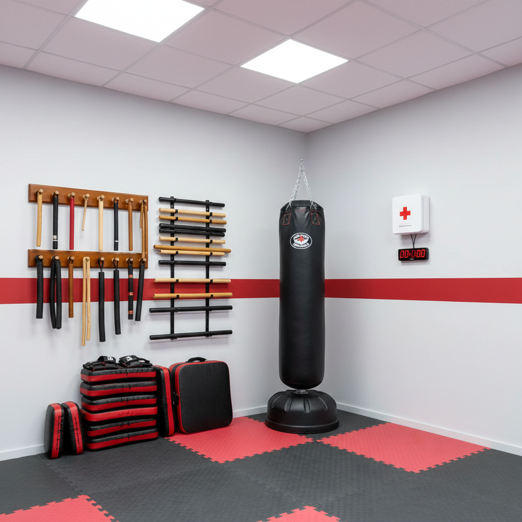 A meticulously organized self-defense equipment corner in a martial arts school, featuring stacked black and red kicking pads, neatly hung training sticks on a wooden rack, and a freestanding heavy bag anchored on the matted floor. A compact first-aid kit and a digital timer mounted nearby hint at safety and structured training sessions. The walls are painted in neutral tones with a single, bold accent stripe running horizontally to create energy. Bright, even artificial lighting from overhead panels ensures no harsh shadows, giving the space a clean, professional look. Captured with a wide-angle lens at eye level, the composition emphasizes order, readiness, and realism, perfectly suited for a traditional school that prioritizes effective street self-defense.