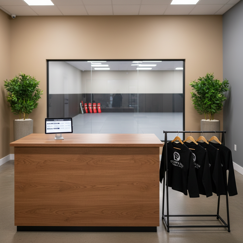 An inviting martial arts reception and viewing area featuring a sleek wooden counter with a matte finish, a tablet stand displaying a schedule, and a small rack of neatly folded branded uniforms on hangers. Through a large interior window, the matted training floor and lined-up kicking shields are visible, slightly blurred to maintain focus on the front area. Warm, neutral wall colors and a few minimalist plants create a professional yet approachable atmosphere. Soft, balanced overhead lighting casts gentle shadows and subtle reflections on the counter’s surface. Shot from a slightly elevated, wide-angle perspective in photographic realism, the composition guides the eye from reception to the training space, conveying organization, community, and a serious focus on practical self-defense.